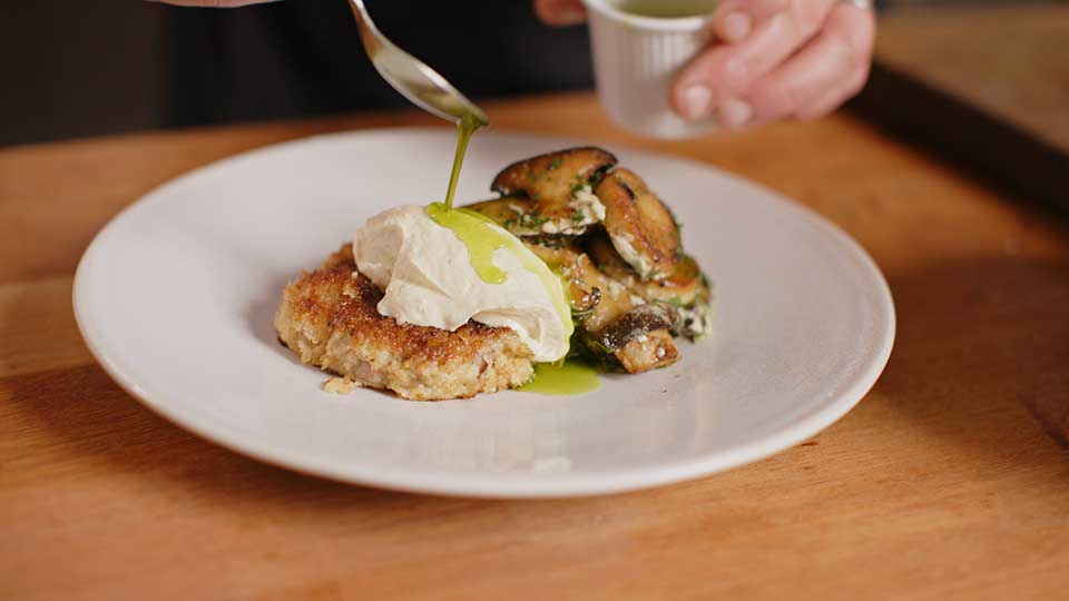 Crumbed Linley Valley Pork sirloin with mushrooms, miso crème fraîche and spring onion oil Gord Kahle